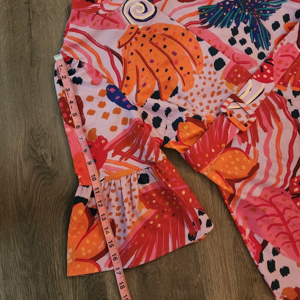 Farm Rio Tropical Print Belted Midi Dress M Pink Orange Bell Sleeve Resortwear - Picture 13 of 16